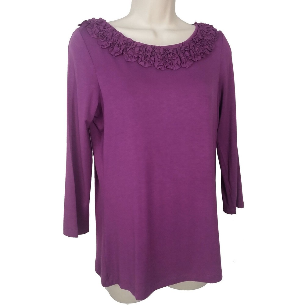 Charter Club Womens Embellished Shirt S Small Soutache 3/4 Sleeve Purple Stretch